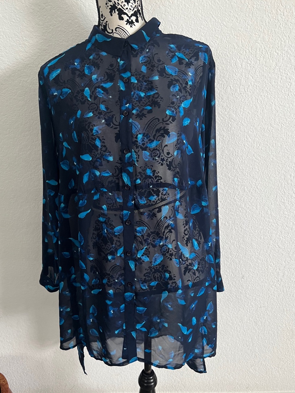 Ruff Hewn Grey Women’s Sheer Blue Floral Tunic Blouse Plus Size 2X